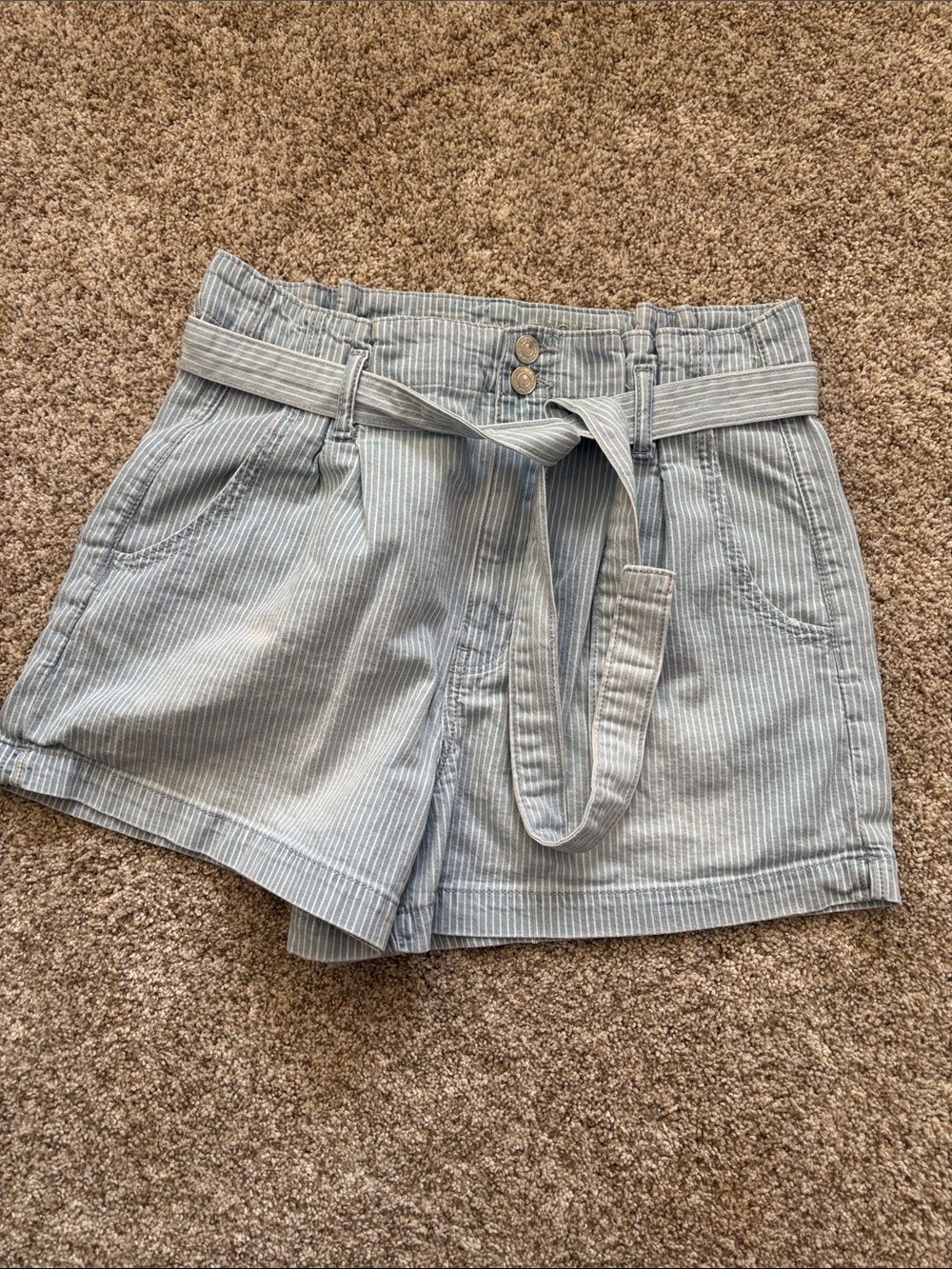 American Eagle Outfitters Light Blue Pinstripe High-Waist Paperbag Shorts